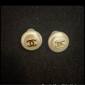 CHANEL Gold Logo on Cream Earrings